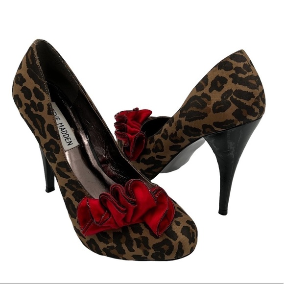 Steve Madden Brown Red Leopard Print Toppazz Ruffled Pumps Size 6.5 Women’s - Picture 1 of 8